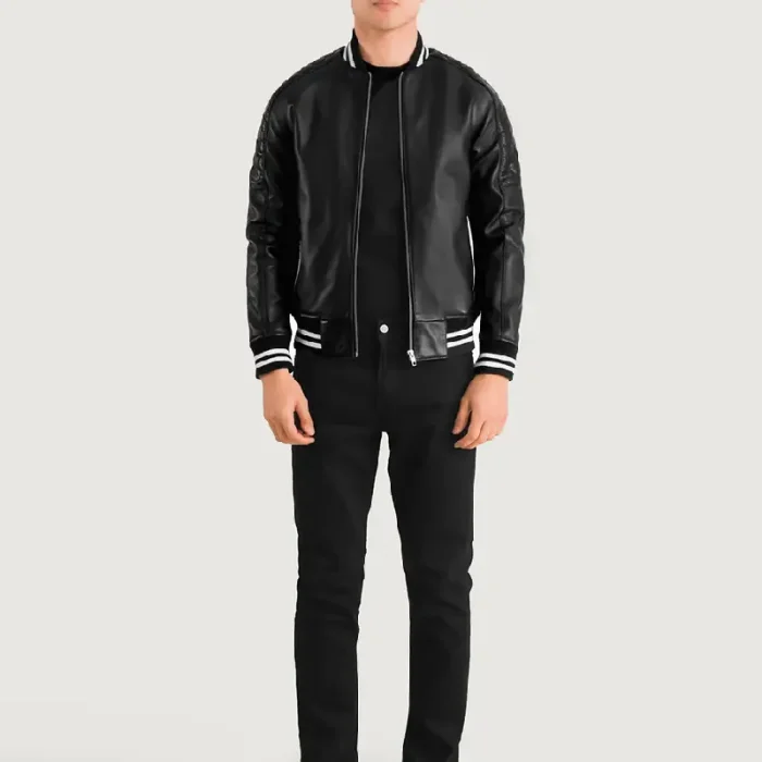 Men'S Black Varsity Zipper Leather Jacket Front