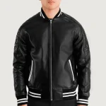 Men's Black Leather Varsity Jacket With Striped Trim