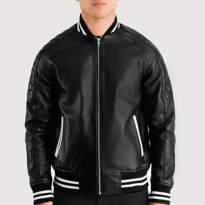 Men'S Black Leather Varsity Jacket With Striped Trim
