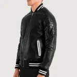 Men's Black Varsity Zipper Leather Jacket Side