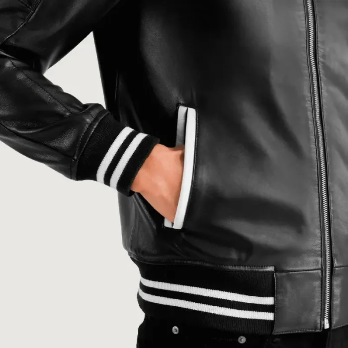 Men'S Black Varsity Zipper Leather Jacket Side View