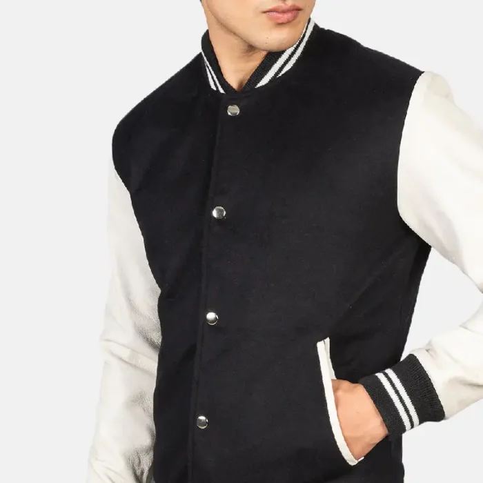 Men'S Black &Amp; White Hybrid Varsity Jacket Close Up