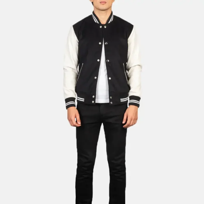 Men'S Black &Amp; White Hybrid Varsity Jacket Front