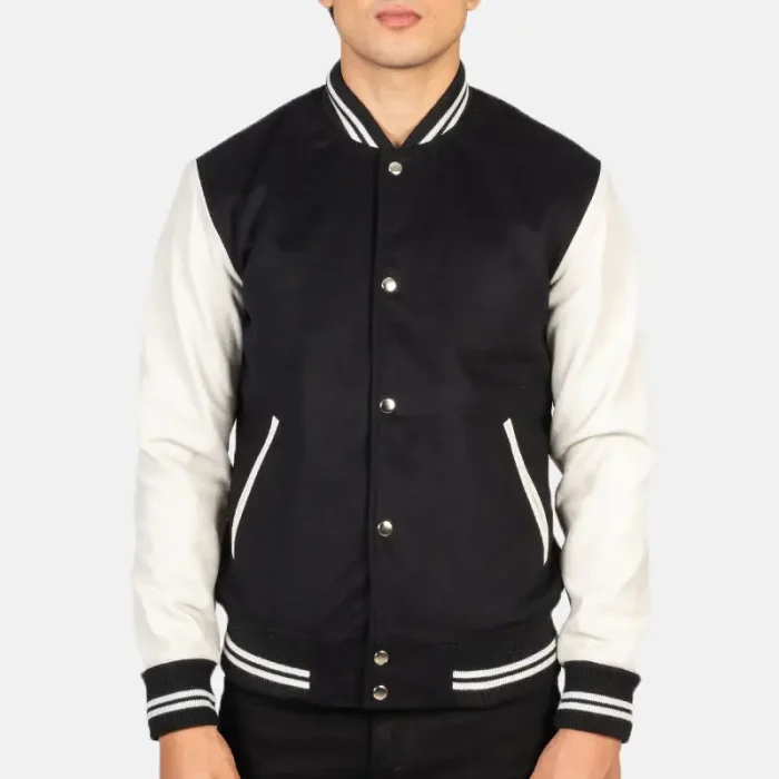Men'S Black &Amp; White Hybrid Varsity Jacket Snap Button