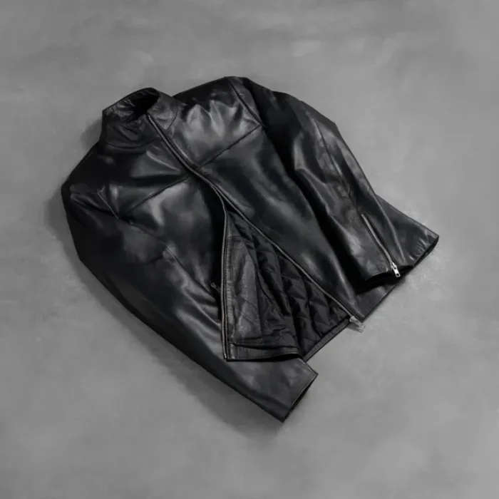 Men'S Black Sheepskin Leather Zip-Up Biker Jacket View