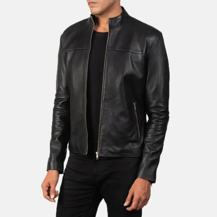 Men'S Black Sheepskin Leather Zip-Up Biker Jacket Side