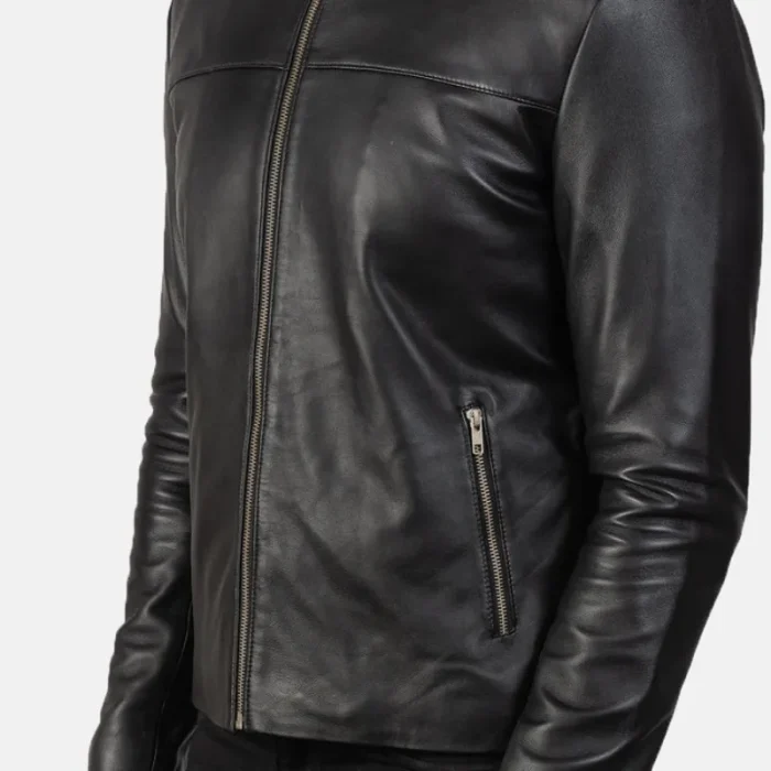 Men'S Black Sheepskin Leather Zip-Up Biker Jacket Close Up