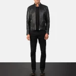 Men's Black Sheepskin Leather Zip-Up Biker Jacket Wearing View