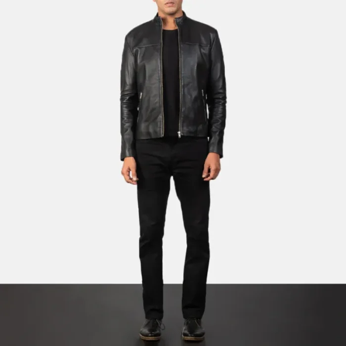 Men'S Black Sheepskin Leather Zip-Up Biker Jacket Wearing View