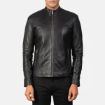 Men's Black Sheepskin Leather Zip-Up Biker Jacket Front View