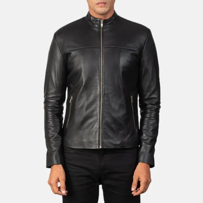 Men'S Black Sheepskin Leather Zip-Up Biker Jacket Front View