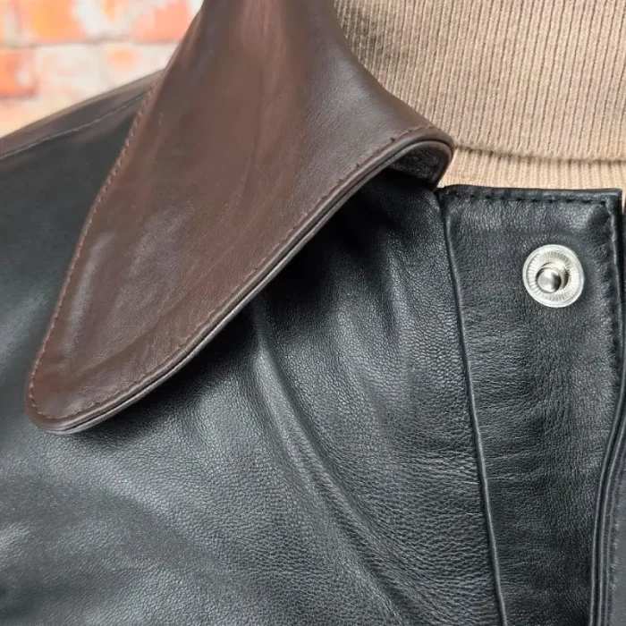 Men'S Black/Brown 70'S Vintage Look Leather Jacket Collar