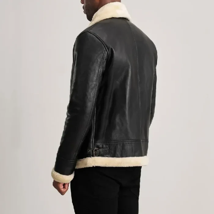Men'S Black_Cream Leather Bomber Jacket Back