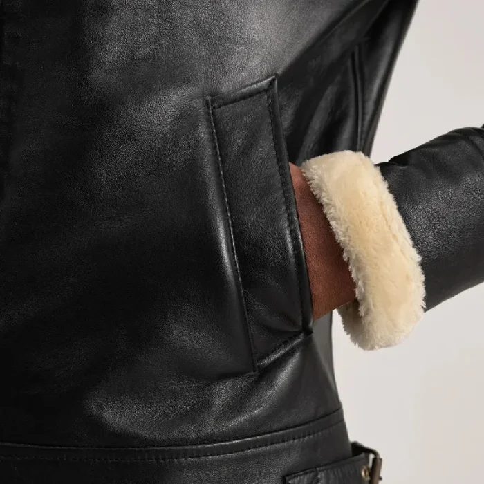 Men'S Black_Cream Leather Bomber Jacket Close View