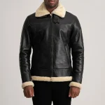 Men's Black_Cream Leather Bomber Jacket Front