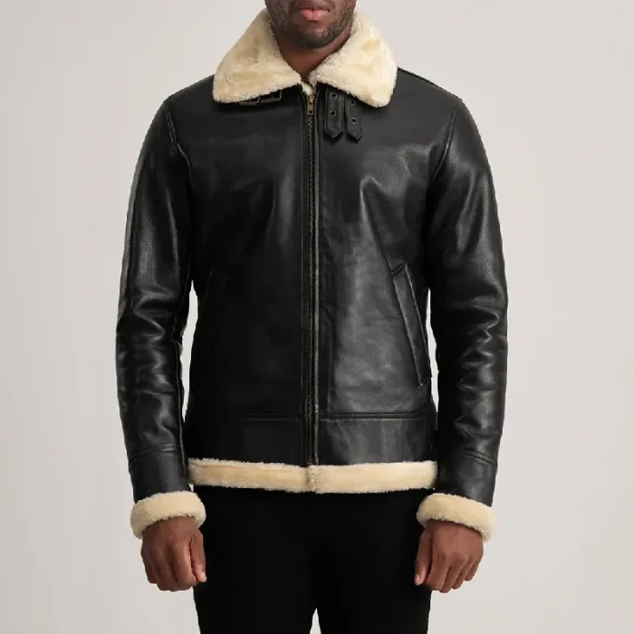 Men'S Black_Cream Leather Bomber Jacket Front