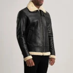 Men's Black_Cream Leather Bomber Jacket Side