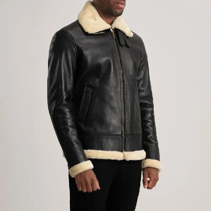 Men'S Black_Cream Leather Bomber Jacket Side