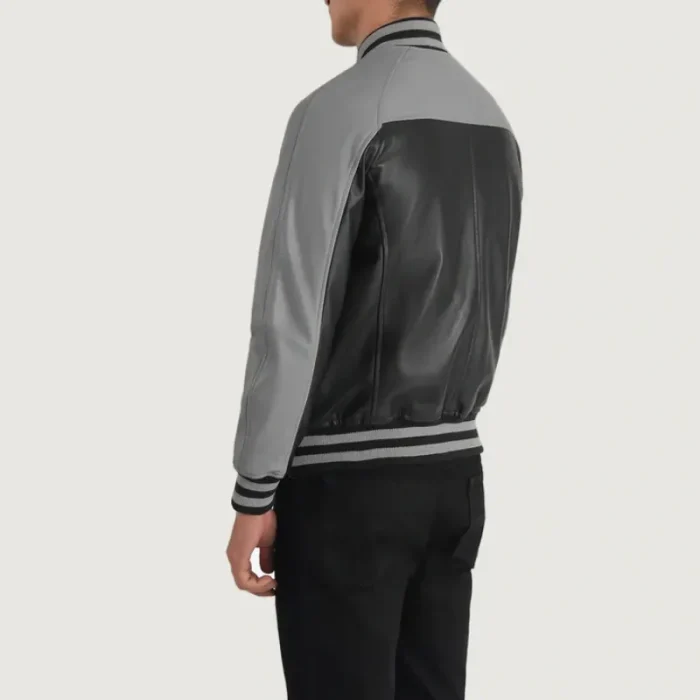 Men'S Black/Grey Sheepskin Leather Varsity Jacket Back