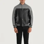 Men's Black/Grey Sheepskin Leather Varsity Jacket Button Up View