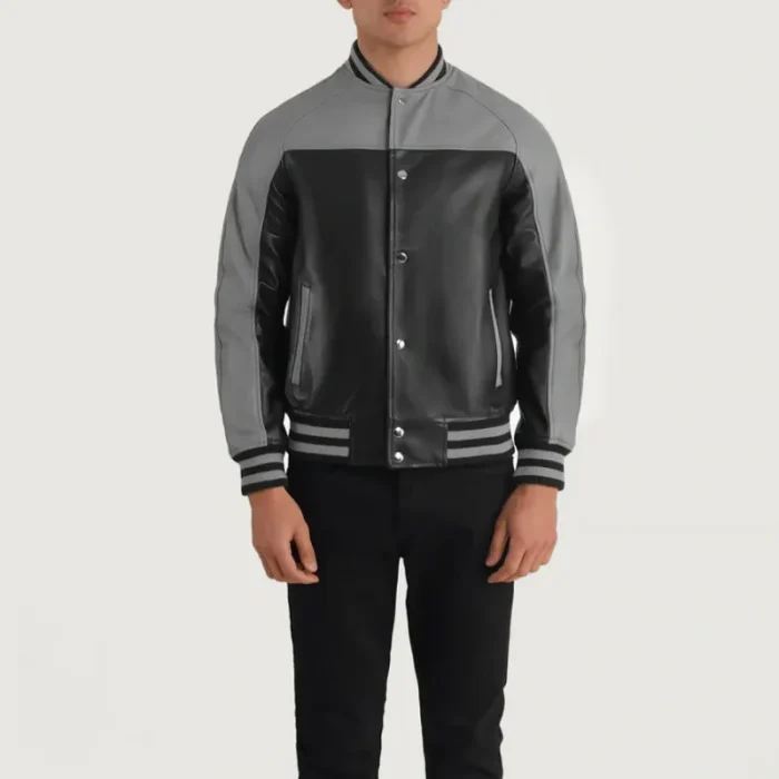 Men'S Black/Grey Sheepskin Leather Varsity Jacket Button Up View
