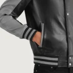 Men's Black/Grey Sheepskin Leather Varsity Jacket Close Up