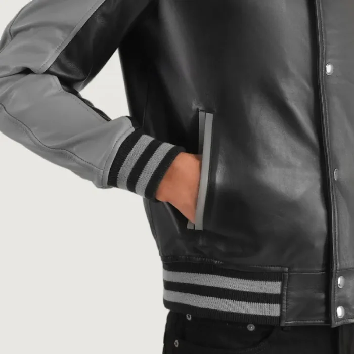 Men'S Black/Grey Sheepskin Leather Varsity Jacket Close Up