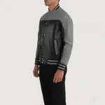 Men's Black/Grey Sheepskin Leather Varsity Jacket Side