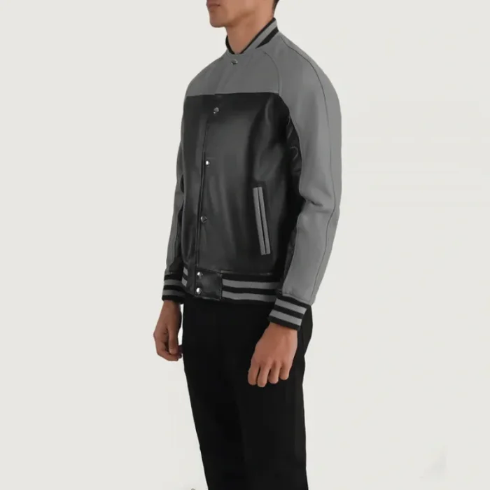 Men'S Black/Grey Sheepskin Leather Varsity Jacket Side