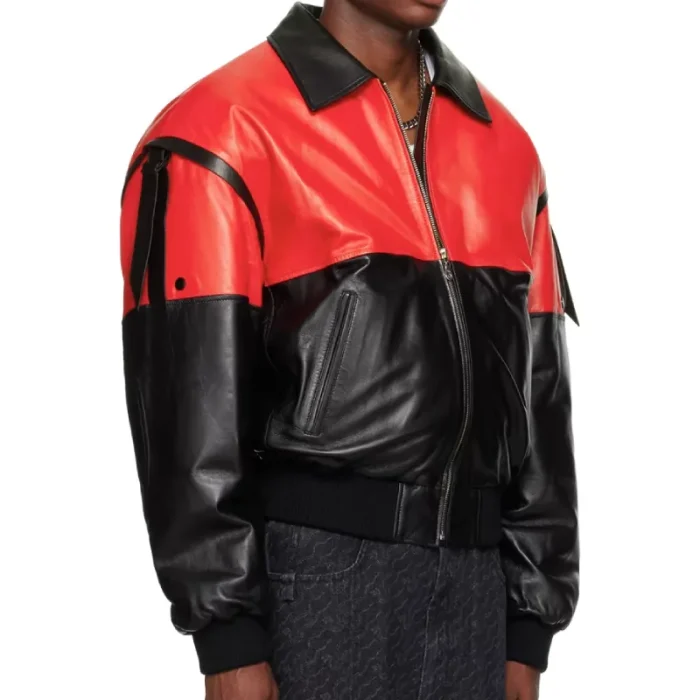 Men'S Black/Red Lambskin Leather 80'S Bomber Jacket Side