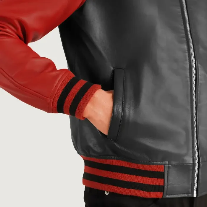 Men'S Black/Red Zipper Varsity Leather Jacket Close Up