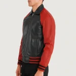 Men's Black/Red Zipper Varsity Leather Jacket Side