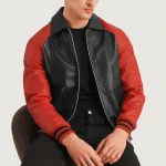 Men's Black/Red Zipper Varsity Leather Jacket Side View