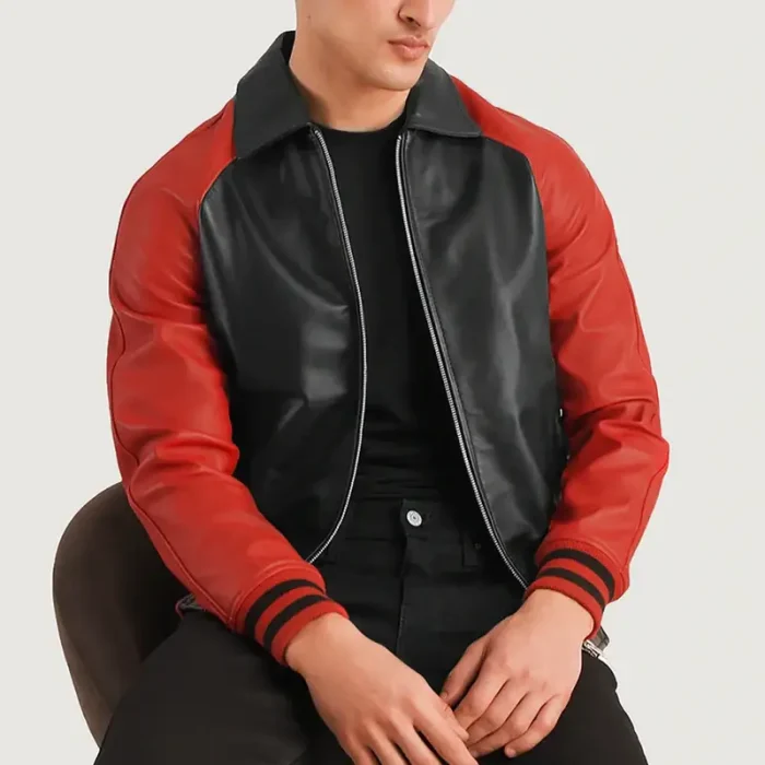 Men'S Black/Red Zipper Varsity Leather Jacket Side View