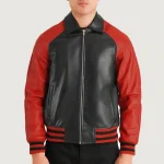 Men's Black/Red Zipper Varsity Leather Jacket Zip Up