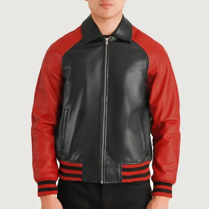 Men'S Black/Red Zipper Varsity Leather Jacket Zip Up