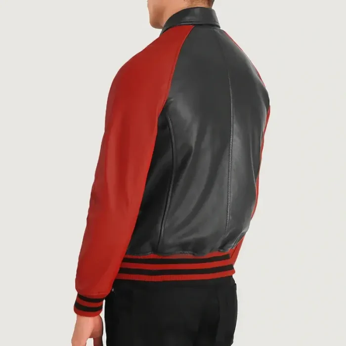 Men'S Black/Red Zipper Varsity Leather Jacket Back