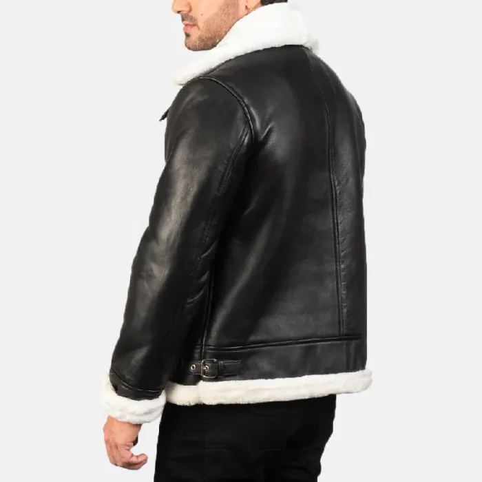 Men'S Black_White Leather Bomber Jacket Back