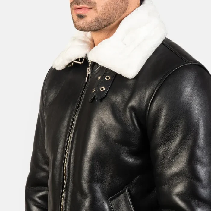 Men'S Black_White Leather Bomber Jacket Close View