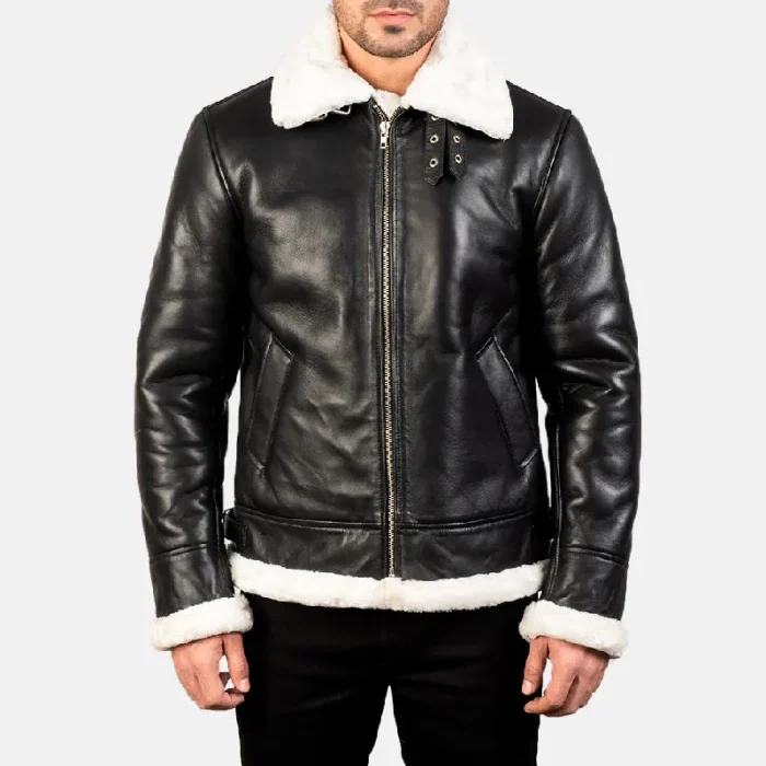 Men'S Black_White Leather Bomber Jacket Front