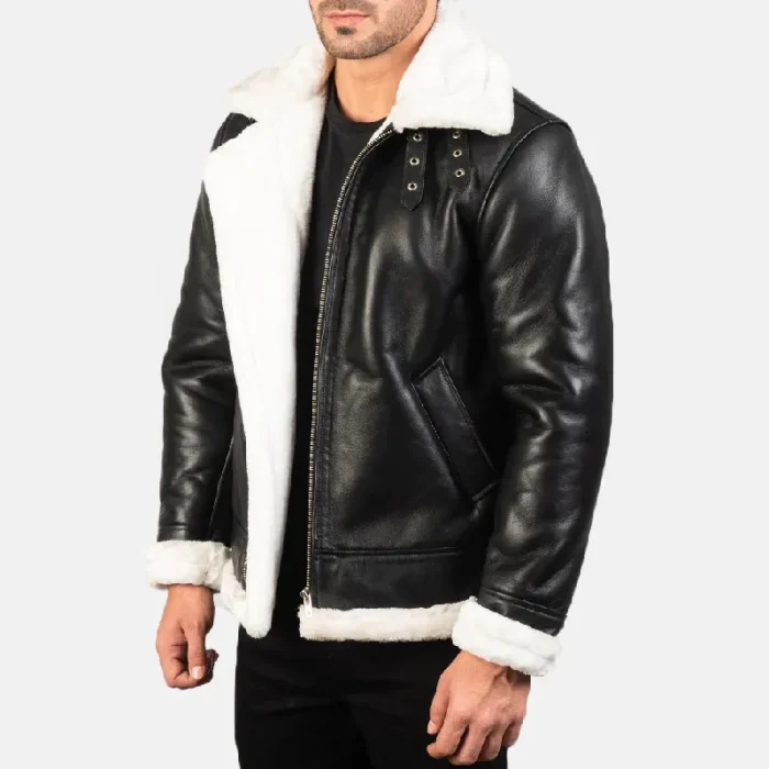 Men'S Black_White Leather Bomber Jacket Side