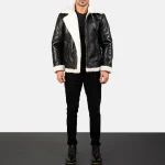 Men's Black_White Leather Bomber Jacket Wearing Look