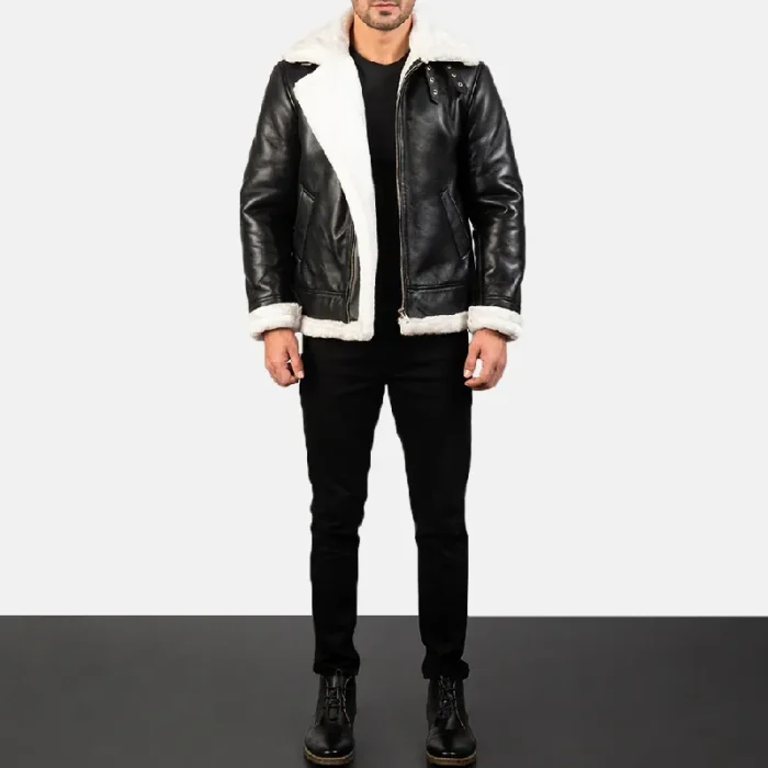 Men'S Black_White Leather Bomber Jacket Wearing Look