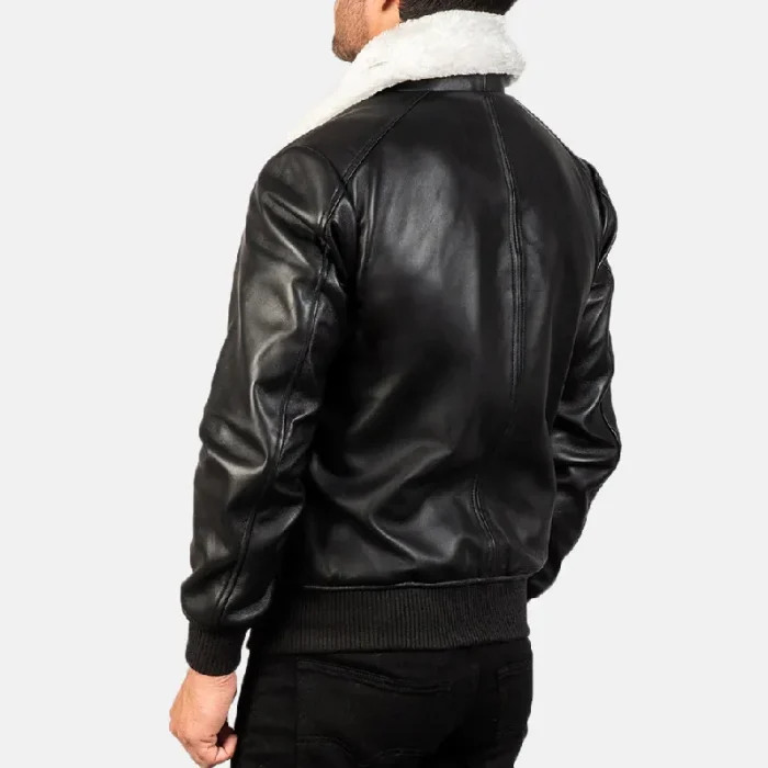Men'S Black_White Leather Bomber Zip-Up Jacket Back