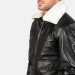 Men's Black_White Leather Bomber Zip-Up Jacket Close View