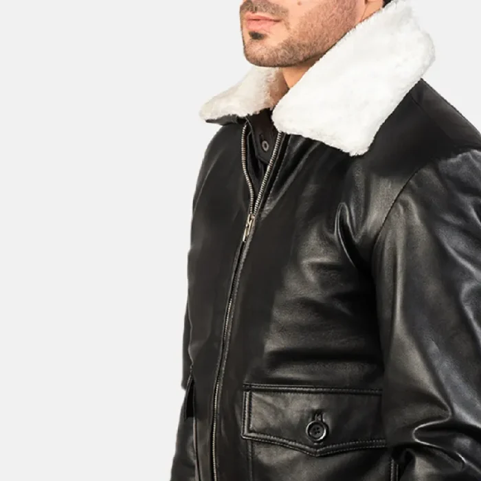 Men'S Black_White Leather Bomber Zip-Up Jacket Close View