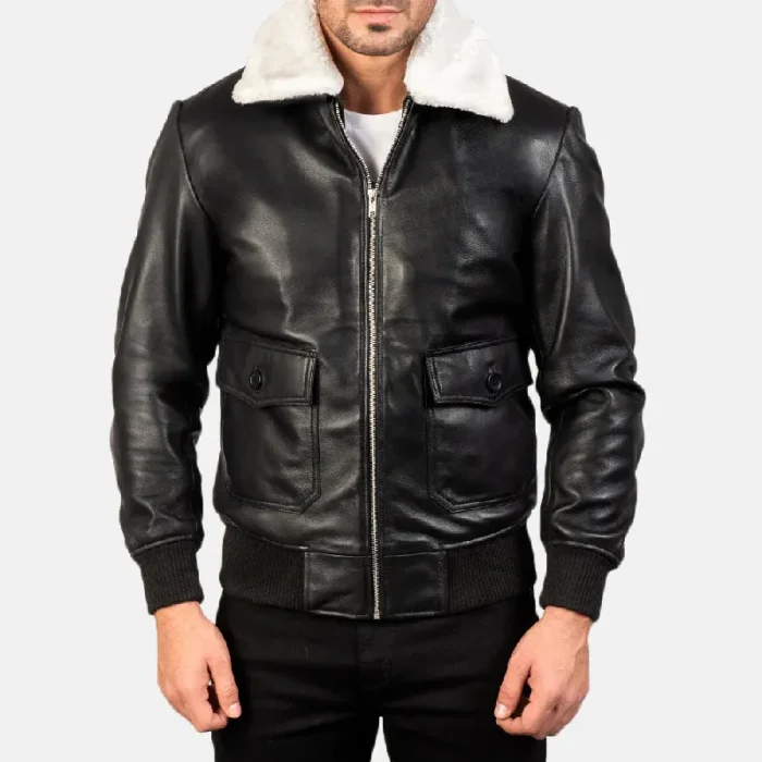 Men'S Black_White Leather Bomber Zip-Up Jacket Front