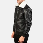 Men's Black_White Leather Bomber Zip-Up Jacket Side