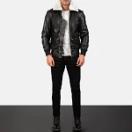 Men's Black_White Leather Bomber Zip-Up Jacket Wearing Look