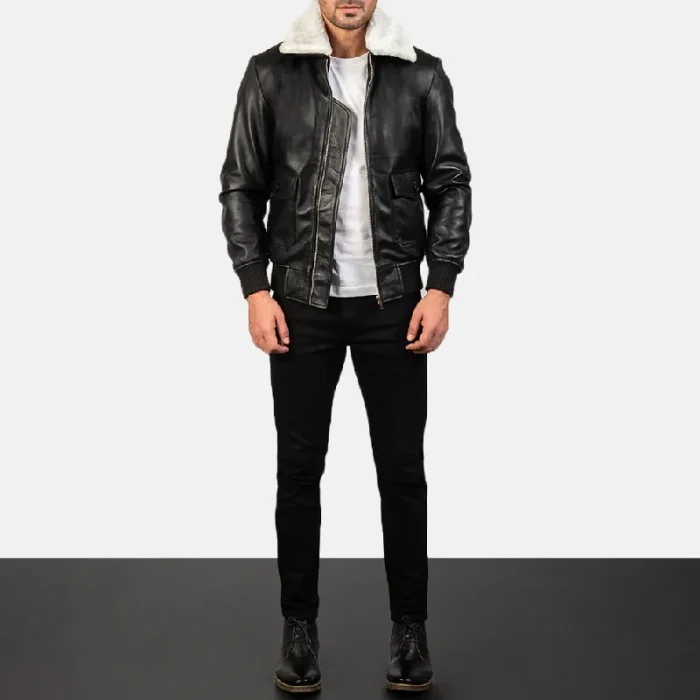 Men'S Black_White Leather Bomber Zip-Up Jacket Wearing Look